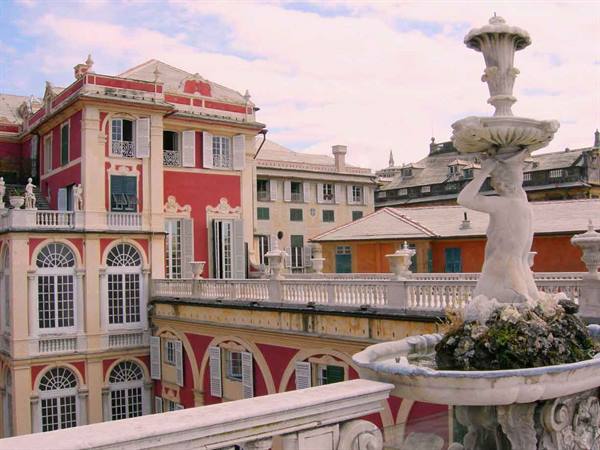 Marble fountain with statue on the terrace of Palazzo Reale, Genoa