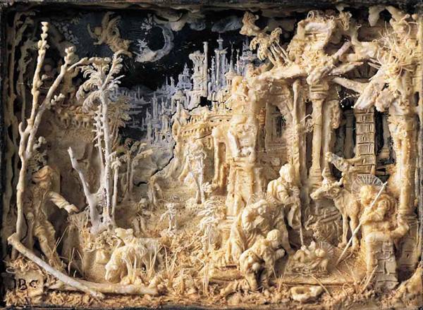 Carved ivory nativity scene with ruins and figures under the moon