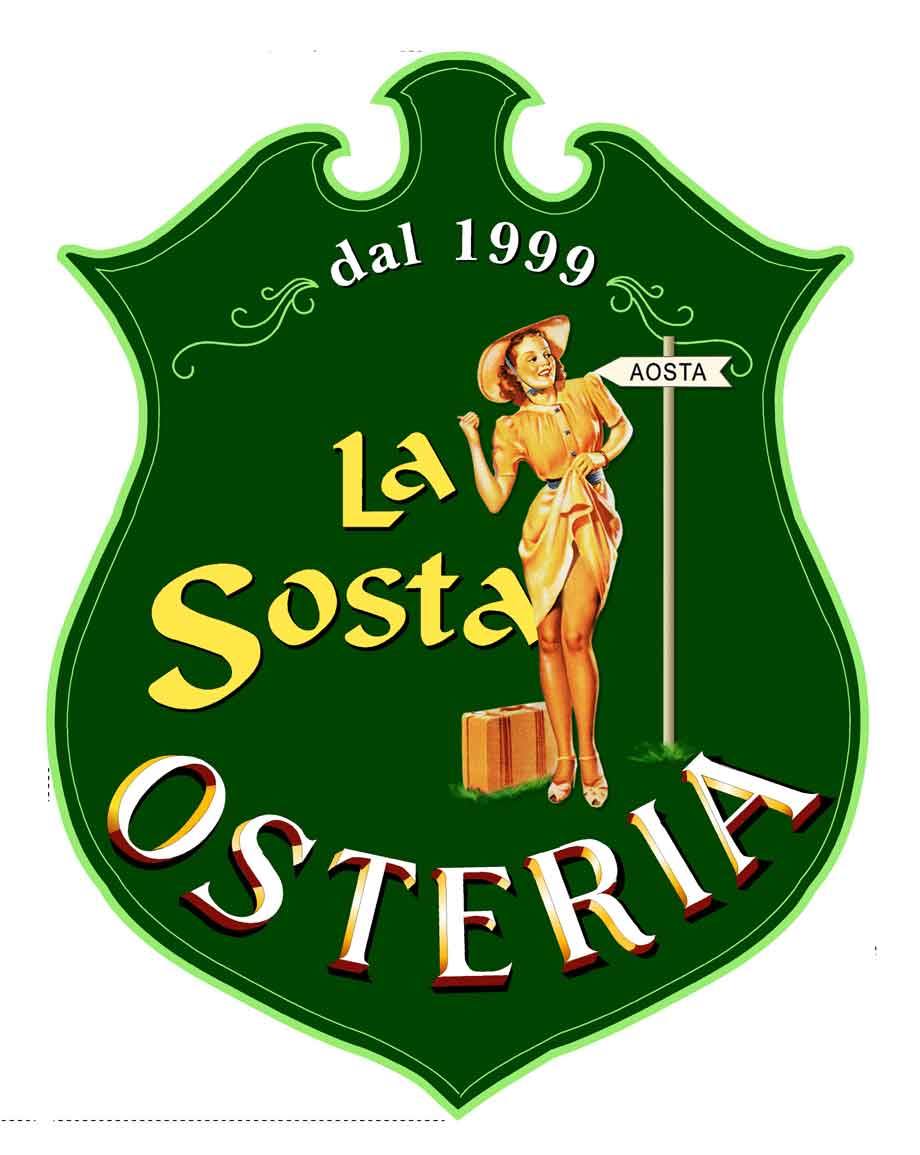 Insegna verde dell'Osteria La Sosta con donna pin-up e indicatore Aosta