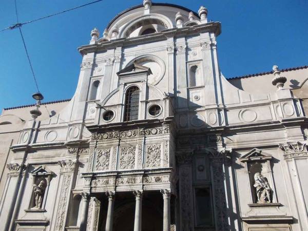 White marble baroque facade with statues and reliefs, Santa Maria dei Miracoli, Brescia