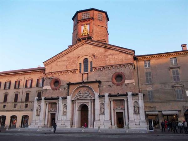 Reggio Emilia cathedral, brick facade with marble porticoes and bell tower
