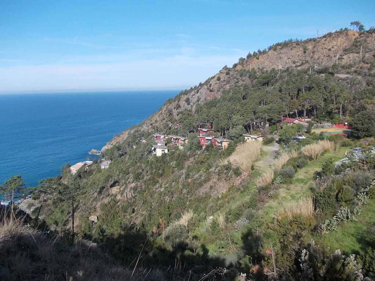 Case sparse sul pendio verde sopra il mare azzurro, luce di mezzogiorno