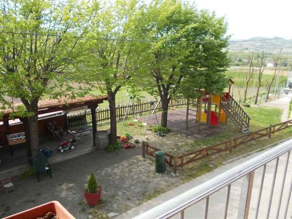 Yard with wooden playground, swings and bright green leafy trees