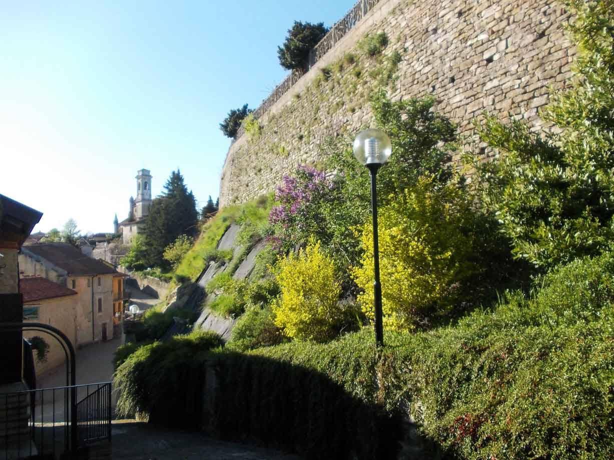 Muro di pietra in quota sopra case e campanile, cespugli fioriti