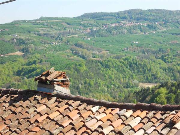 Terracotta tiled roof with old brick chimney above green cultivated hills