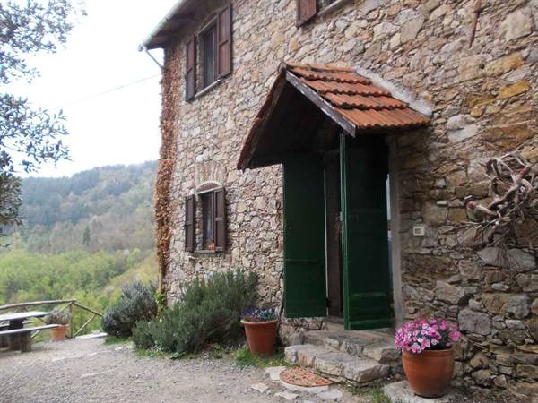 Rural stone house with green door, red roof tiles and pink flower pots