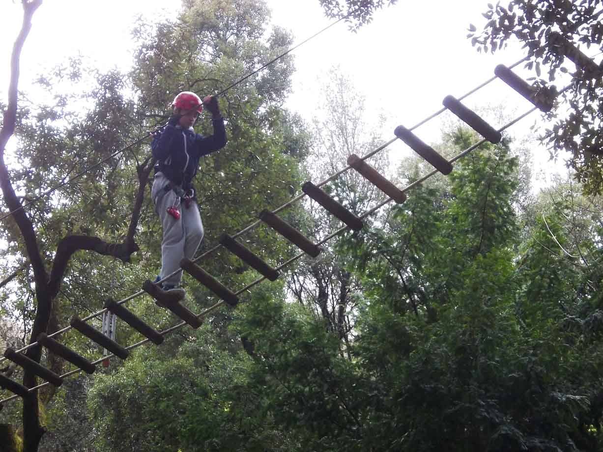 Ragazzo con casco rosso attraversa ponte sospeso di legname tra alberi nel parco avventura
