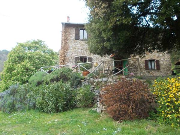 Stone farmhouse with green shutters, wooden fence and blooming garden
