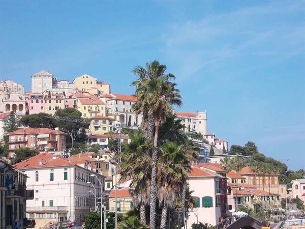 Colorful hillside houses, tall palm trees and red roofs under blue sky