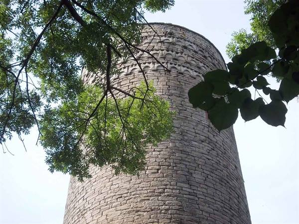 Medieval stone tower seen from below among green branches, daylight