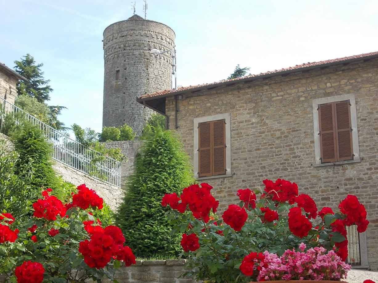 Rose rosse davanti a case in pietra e antica torre circolare