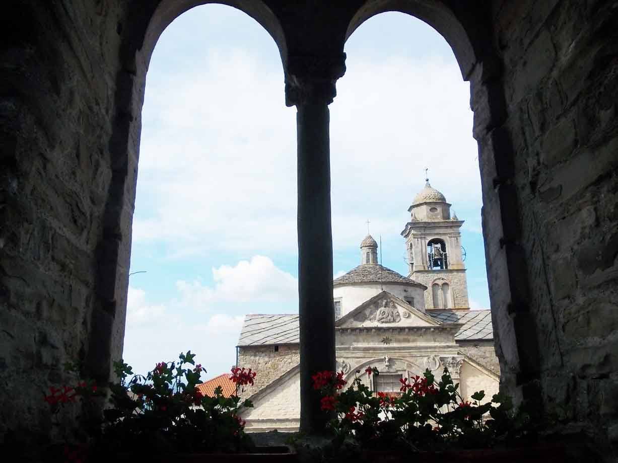 Campanile e cupola di chiesa in pietra visti da bifora, fiori rossi in primo piano