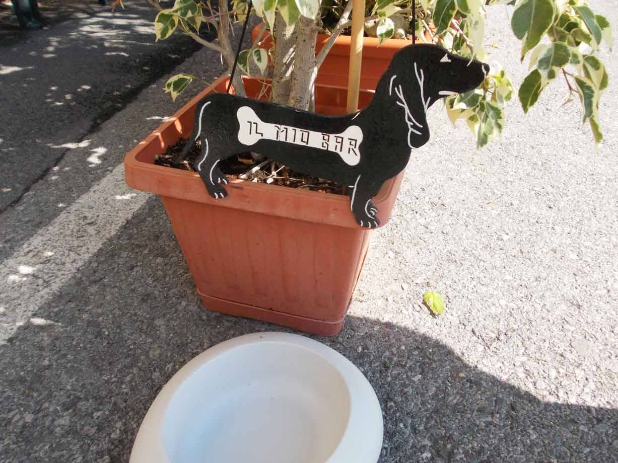 Ciotola bianca davanti a vaso di terracotta con decoro nero a bassotto