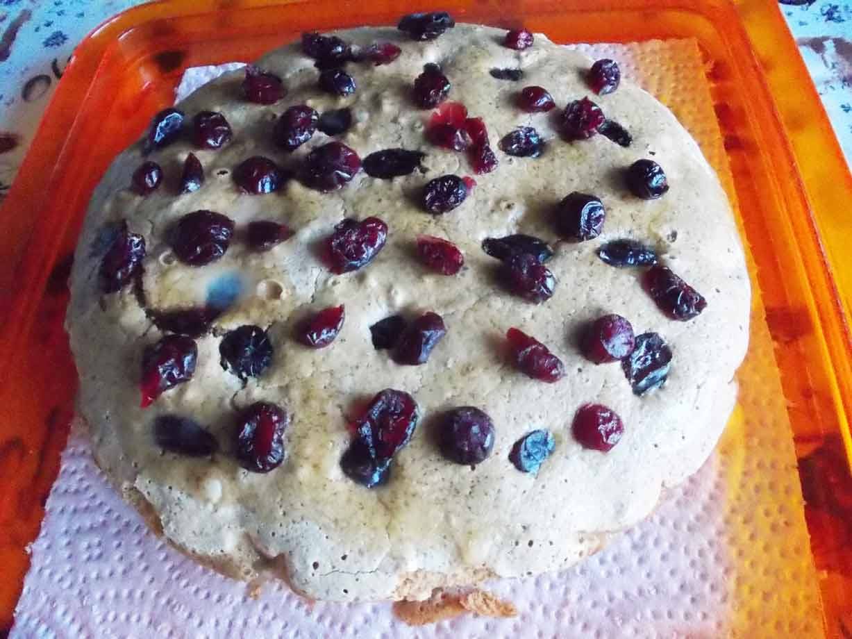 Torta soffice con mirtilli rossi essiccati su contenitore di plastica arancione