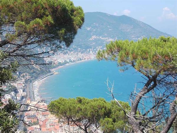 Bay with beach framed by stone pines, turquoise water, Ligurian coast