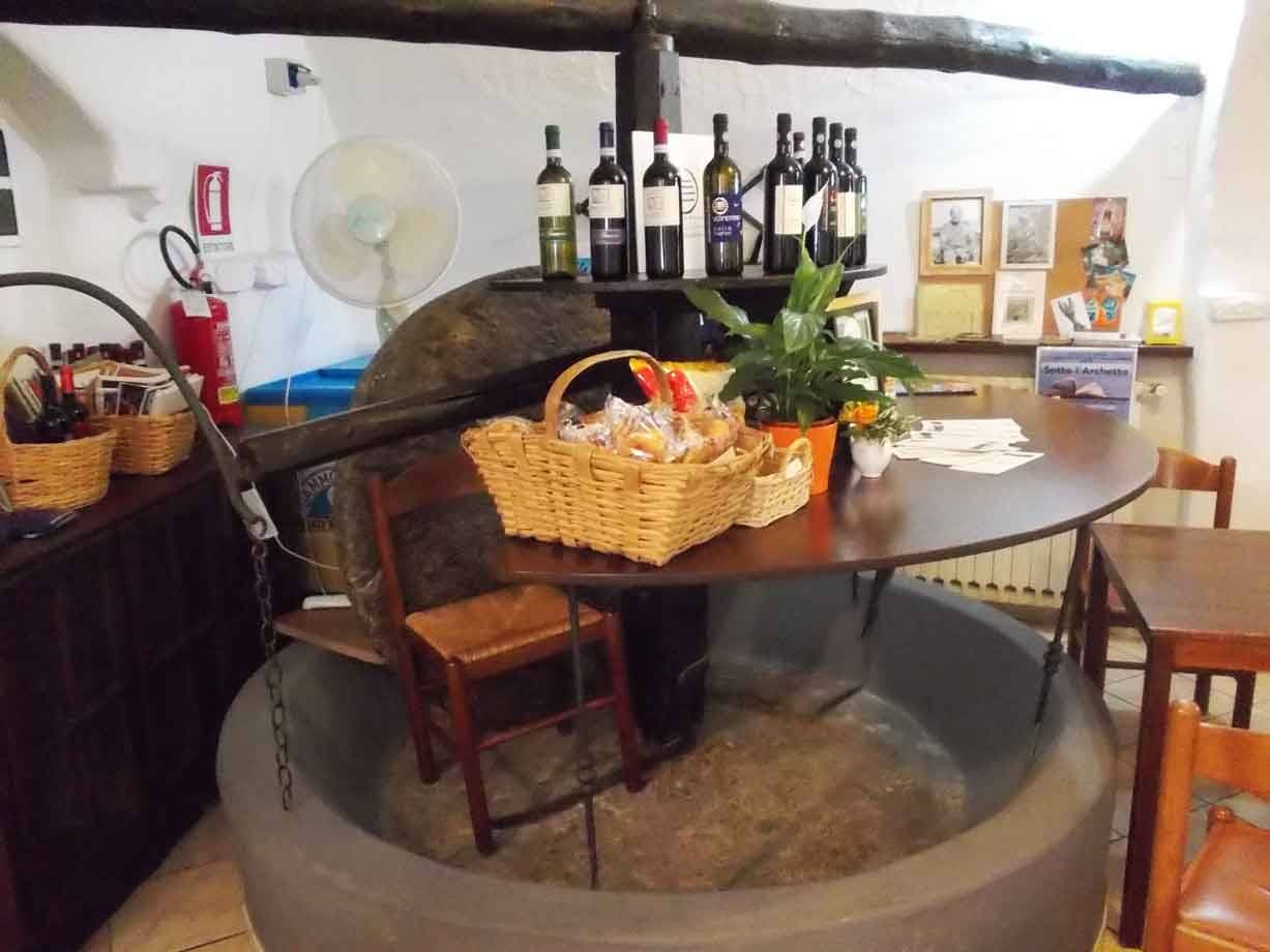 Antico mulino in pietra trasformato in tavolo con ceste di pane e bottiglie di vino