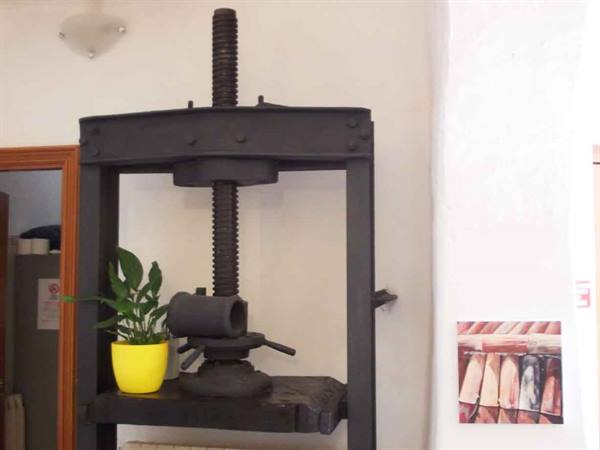 Old cast-iron screw press with central spindle, beside a yellow pot plant