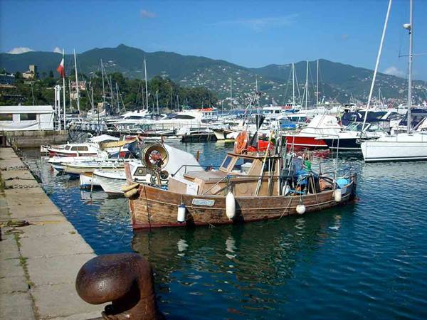 Wooden fishing boat moored in Santa Margherita Ligure harbor, mountains in the background