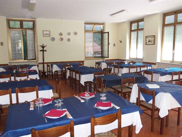 Restaurant dining room with tables set in blue cloths, wooden chairs, daylight from windows