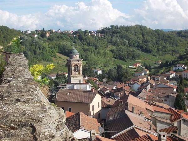 Bell tower with dome above terracotta rooftops among green hills and scattered houses