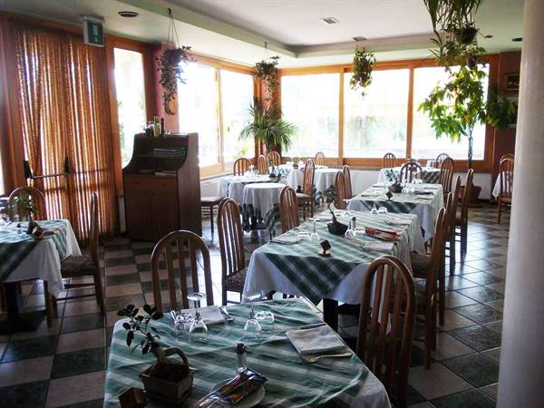 Restaurant dining room with set tables, green checkered tablecloths and hanging plants