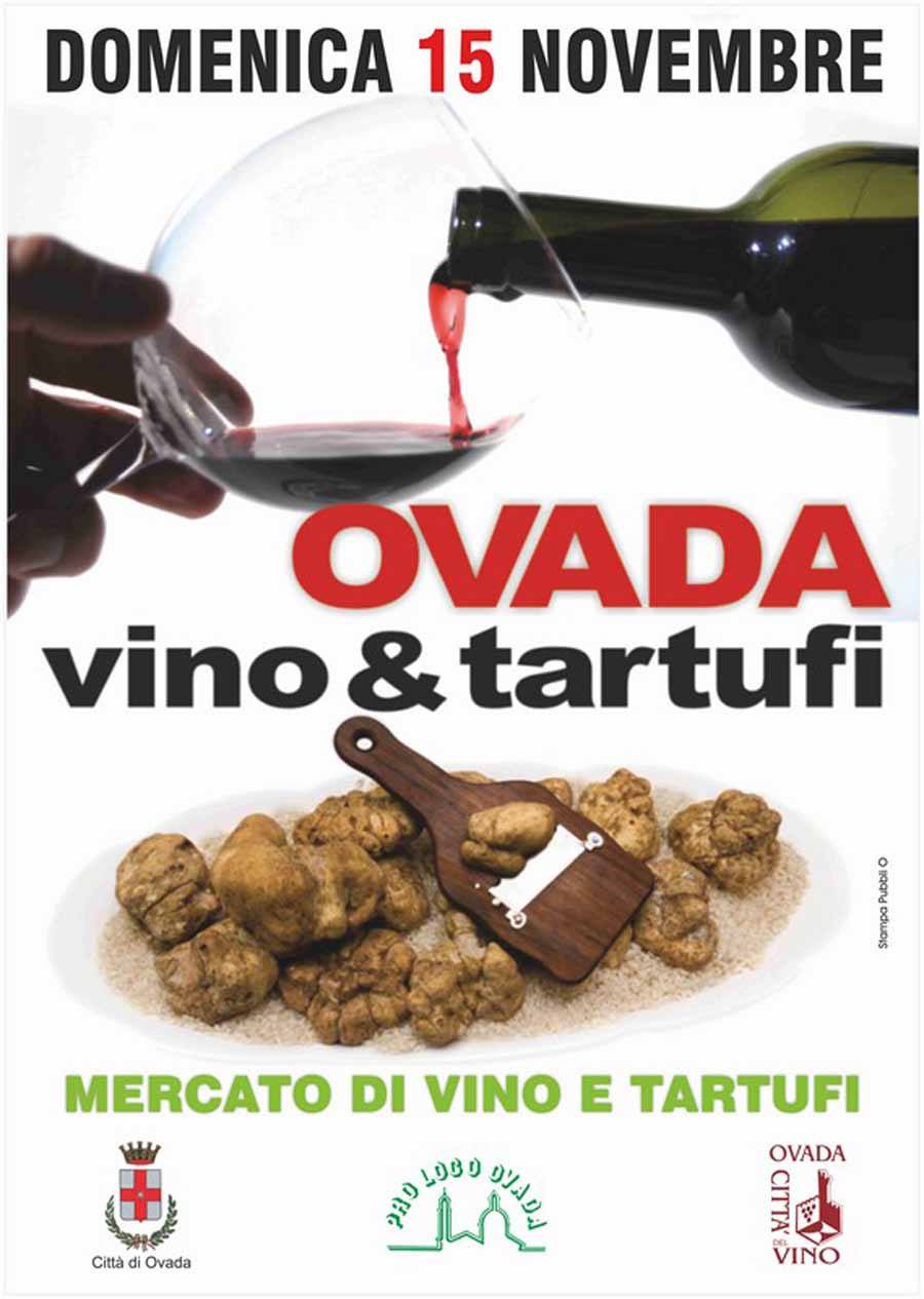 Poster della festa del vino e tartufo a Ovada con bicchiere e tartufi