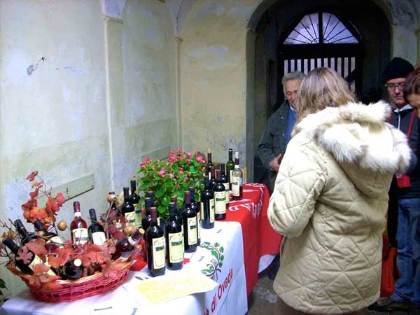 Wine bottles on a tasting table in a cellar with visitors