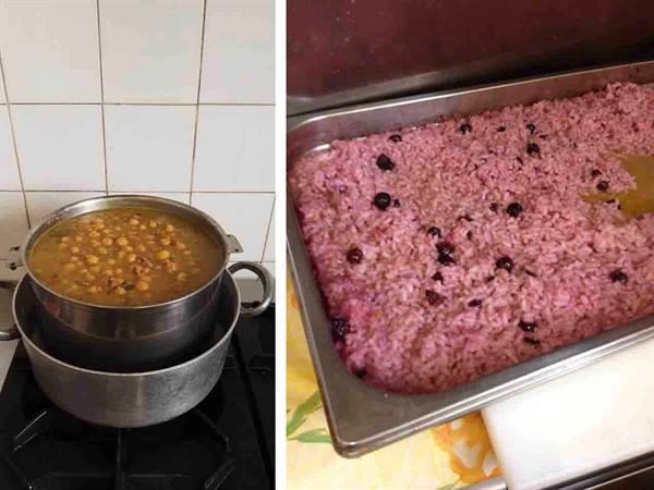 Chickpea soup cooking on the stove and purple rice with beans in a tray