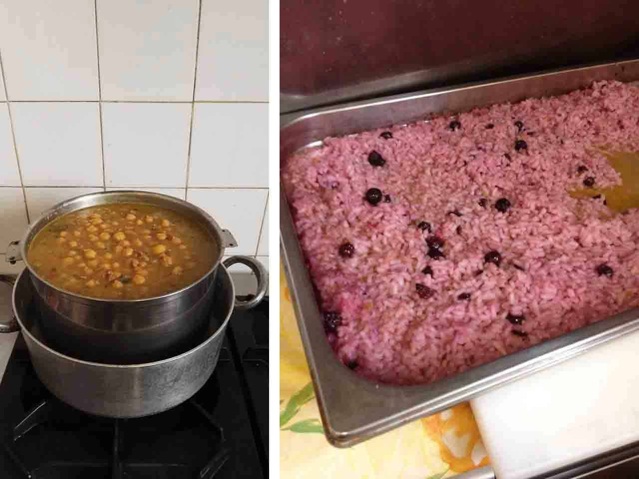 Zuppa di ceci nella pentola sul fuoco e riso viola con fagioli in teglia
