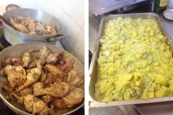 Pots of stewed rabbit and tray of cauliflower and potatoes in kitchen