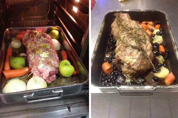 Roast with rosemary, apples, carrots and onions in the pan, before and after baking