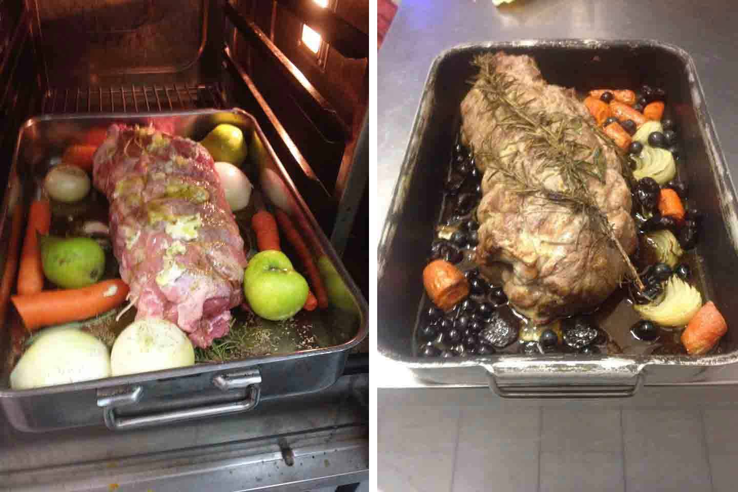 Arrosto di carne con rosmarino, mele, carote e cipolle nella teglia, prima e dopo il forno
