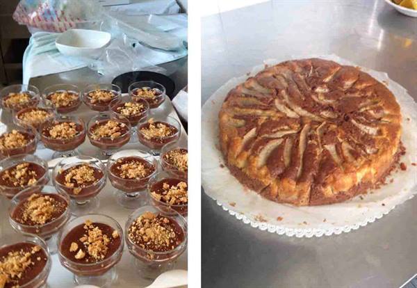 Chocolate dessert cups with crumble and an apple cake on a steel counter