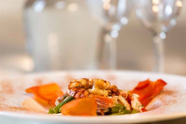 Gourmet octopus and vegetable dish, blurred wine glasses in background