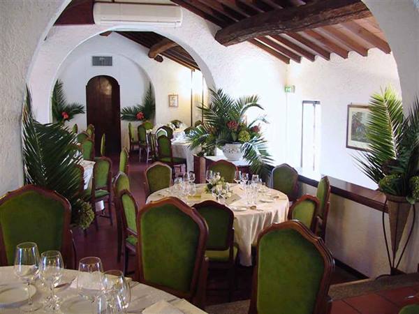 Restaurant hall with white vaulted ceilings, wooden beams, green chairs and set tables