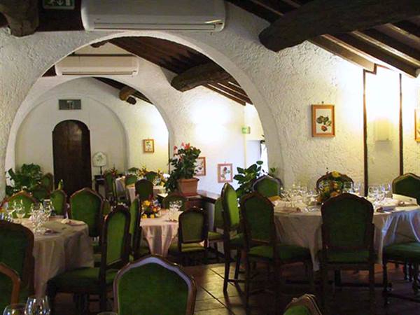 Restaurant hall with white vaults, wooden beams and set tables with green chairs