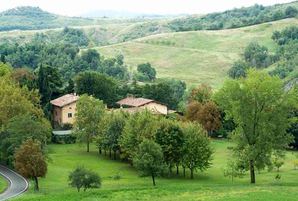 Rustic farmhouse with terracotta roofs among green hills and trees