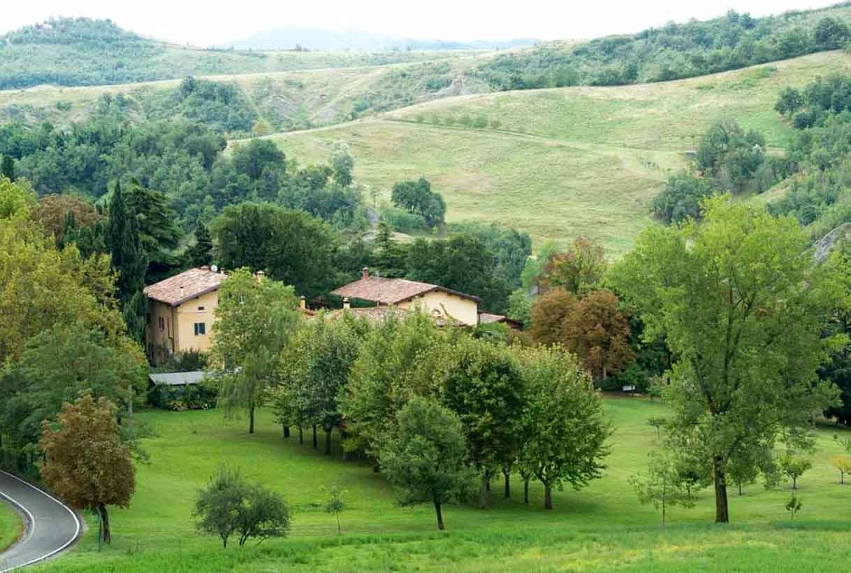 Casa rurale con tetti in cotto tra colline verdi e alberi, strada curva