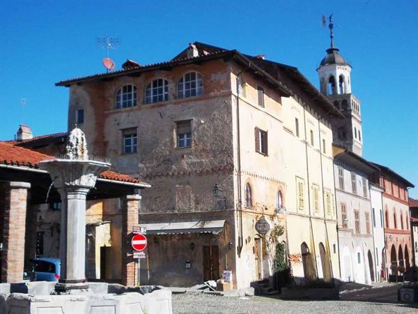 Stone fountain in Mondovì Piazza square, old buildings and bell tower under sunny sky