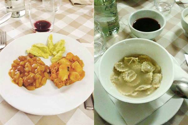 Beans, gnocchi with ragù and tortellini in broth on trattoria table