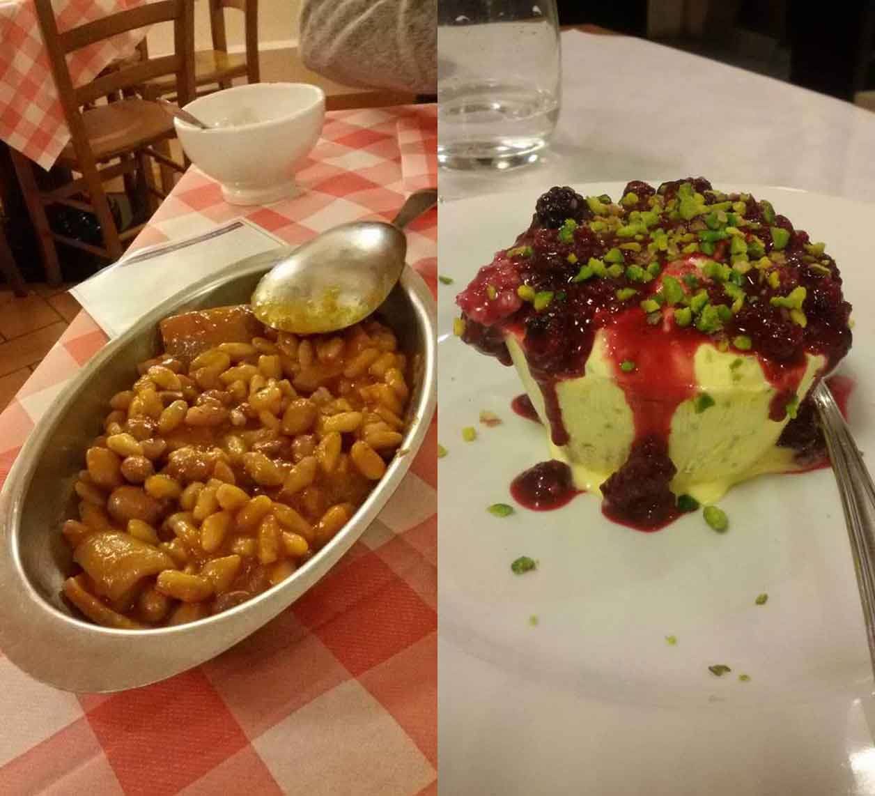 Fagioli in pentola di rame e semifreddo con frutti di bosco e pistacchi