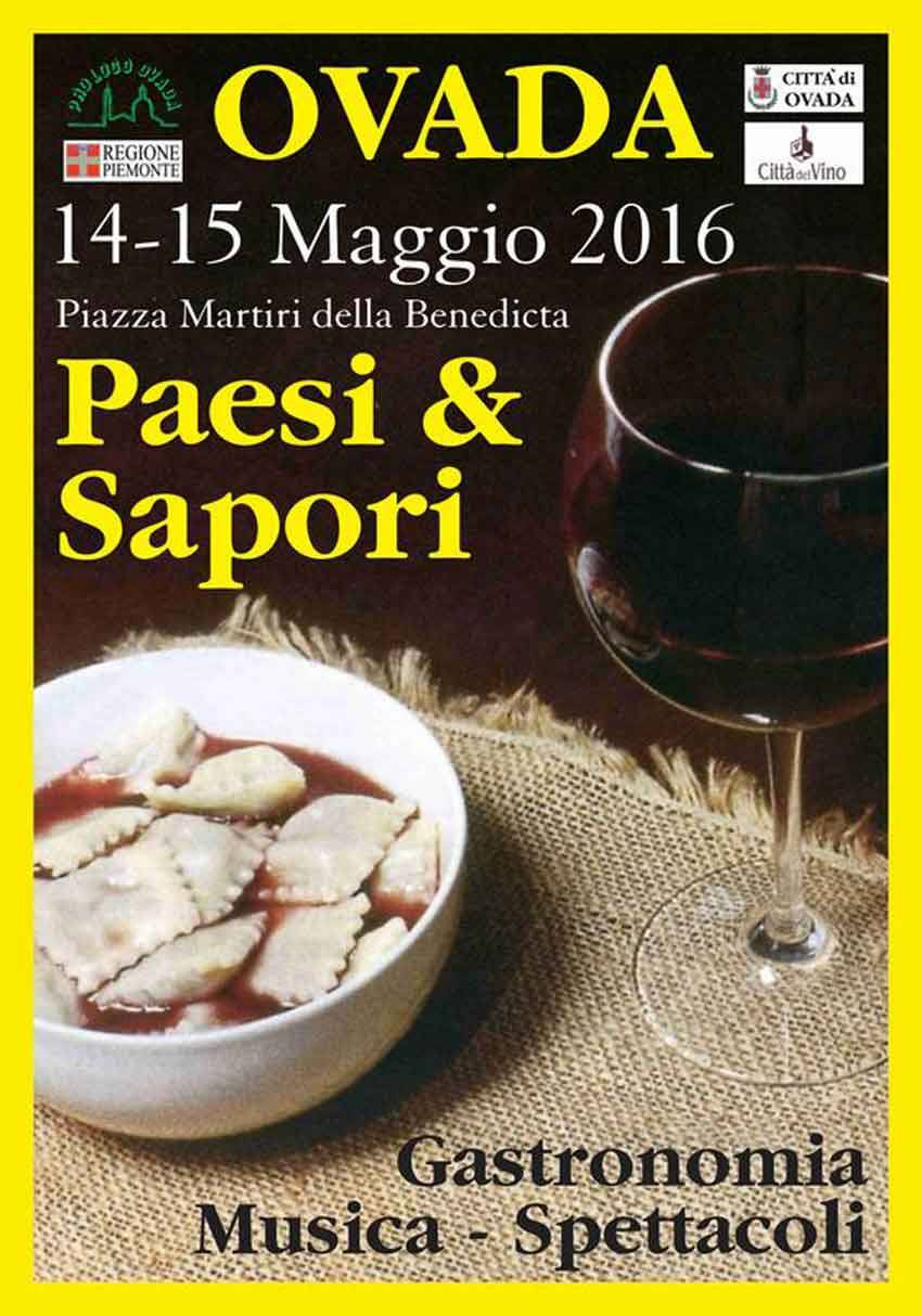 Poster della sagra Paesi e Sapori a Ovada: bicchiere di vino e piatto di ravioli