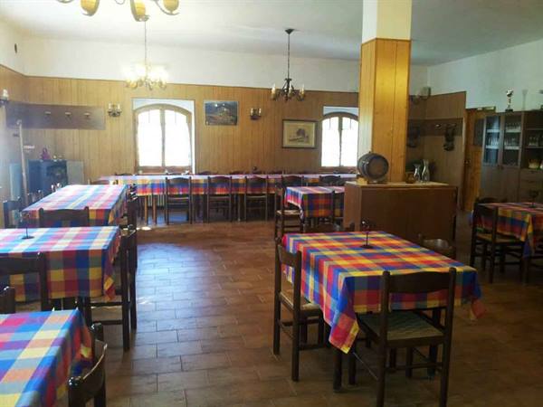 Rustic dining room with tables set in colorful checkered cloths and wooden paneling