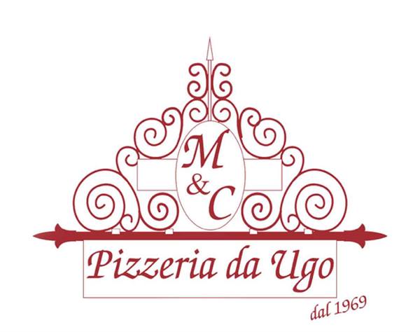 Red wrought iron sign of Pizzeria da Ugo, since 1969