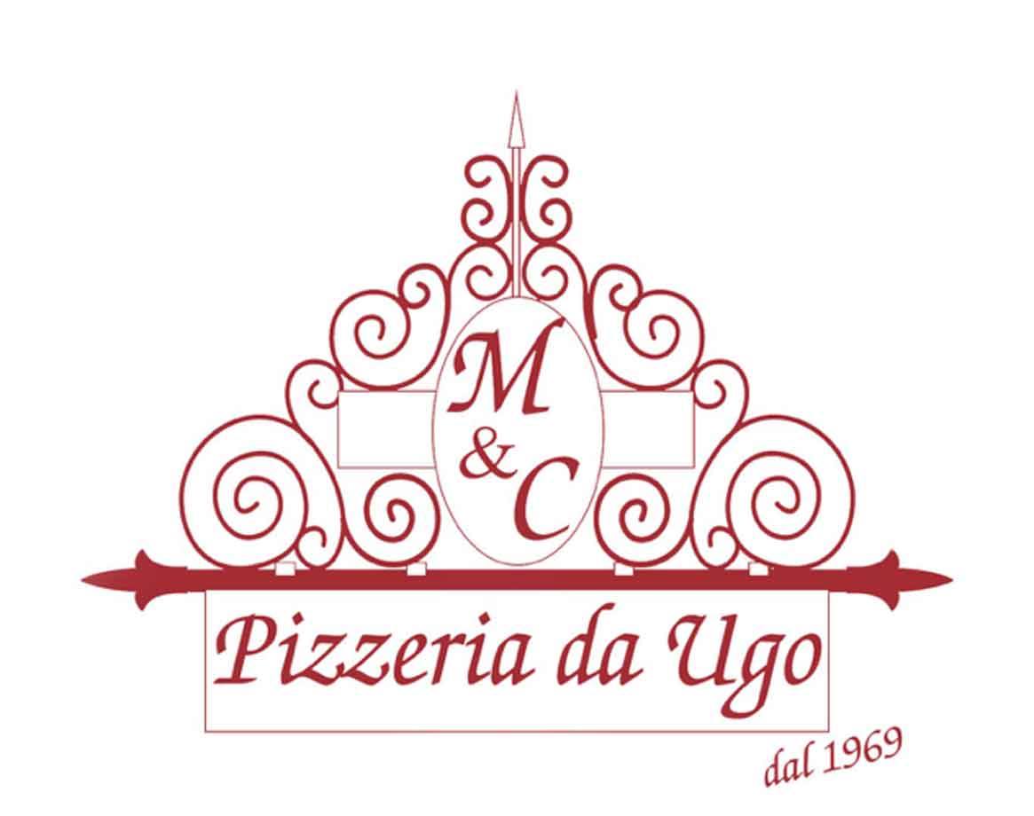 Insegna rossa in ferro battuto della Pizzeria da Ugo, dal 1969