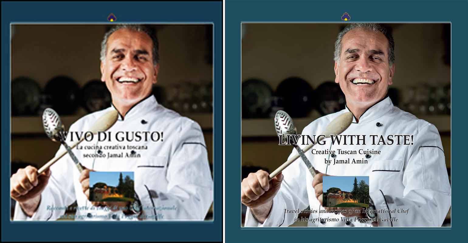 Cuoco sorridente in giacca bianca impugna cucchiai di legno, copertine di libri
