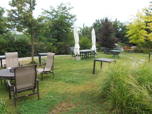 Metal chairs and tables on a grassy garden with closed umbrellas and trees