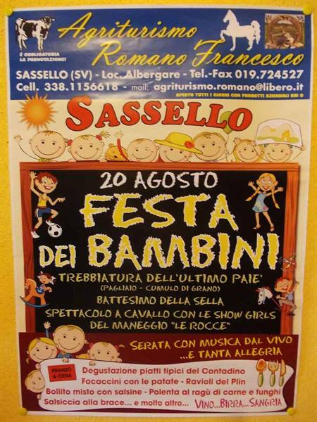 Colorful poster for Children's Festival on August 20 in Sassello, Romano farmhouse