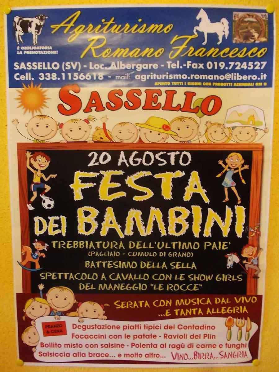 Poster colorato della Festa dei Bambini il 20 agosto a Sassello, agriturismo Romano
