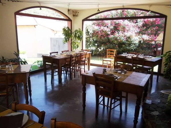Restaurant dining room with wooden set tables and large arched windows onto flowering garden